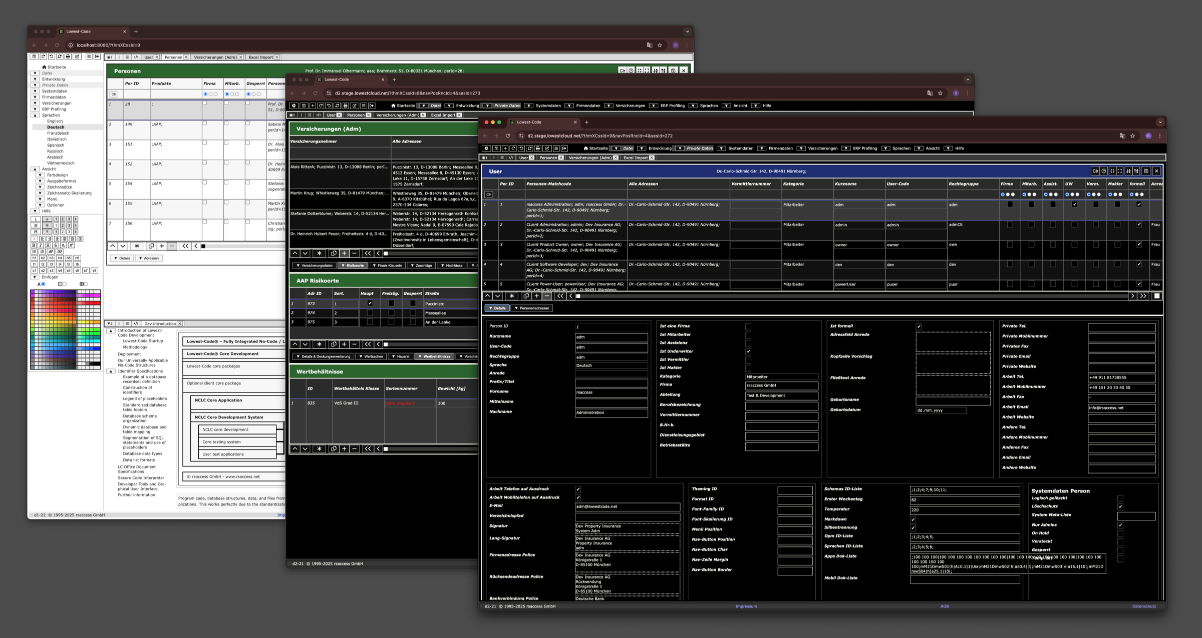 Three workplace windows in three themes: the people table with the side navigation tree, the insurance administration with its child lists for risk locations and valuables under the top menu, and the user form with its field groups