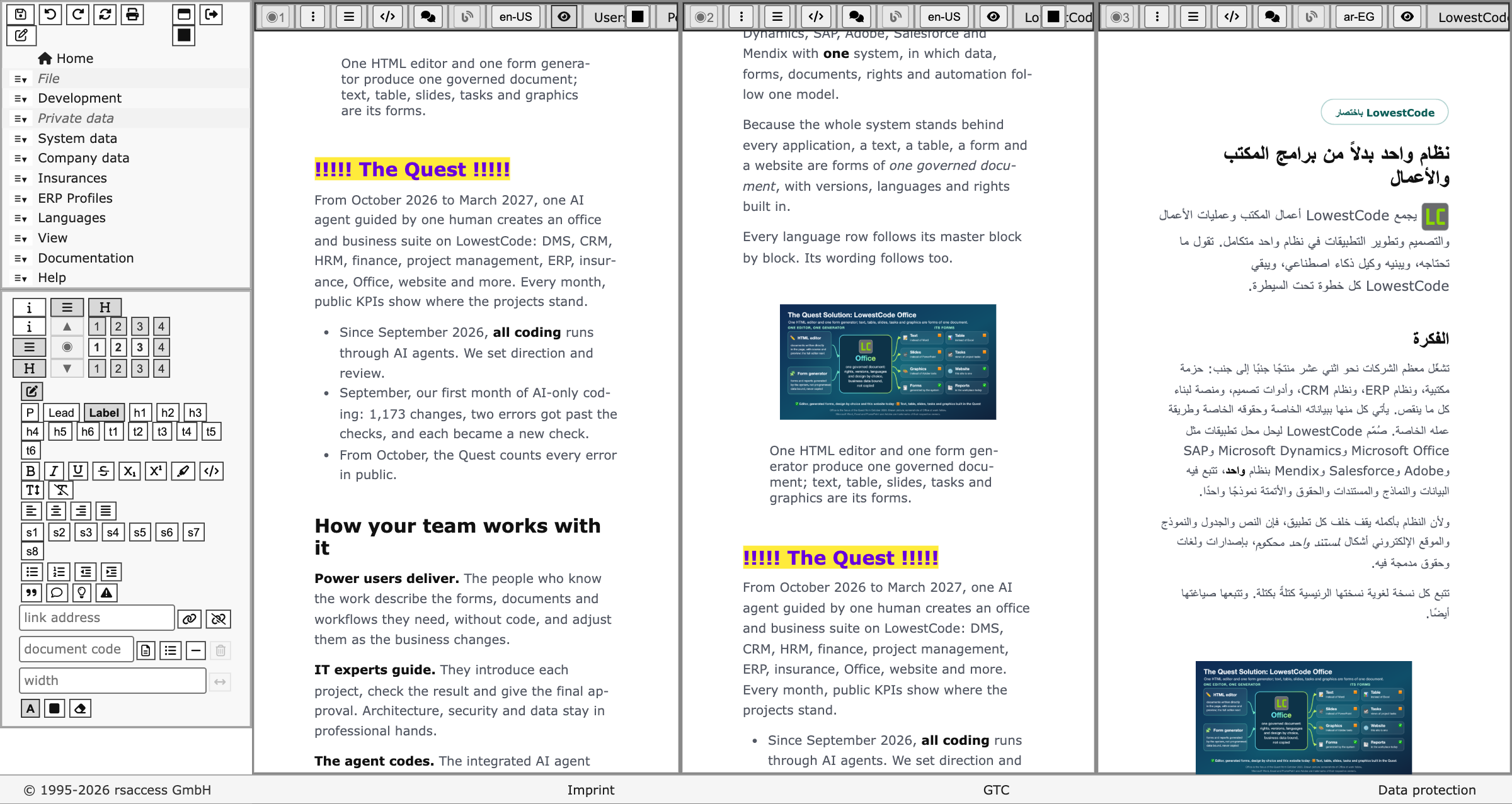 Screenshot of the LowestCode workplace: on the left the side menu with the HTML editor's toolbar below it; to its right three windows side by side, the document LowestCode in brief open in the editor in the first and shown in the second, each scrolled to its own place with the yellow-marked heading The Quest at a different height, and its Arabic translation, right to left, from its start in the third